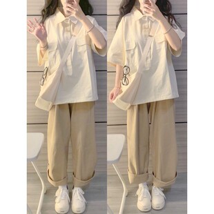Fashionable suit Women's Summer Casual Polo Collar Short-sleeved Shirt Top with High Waist Loose Wide-leg Pants Two-piece Set