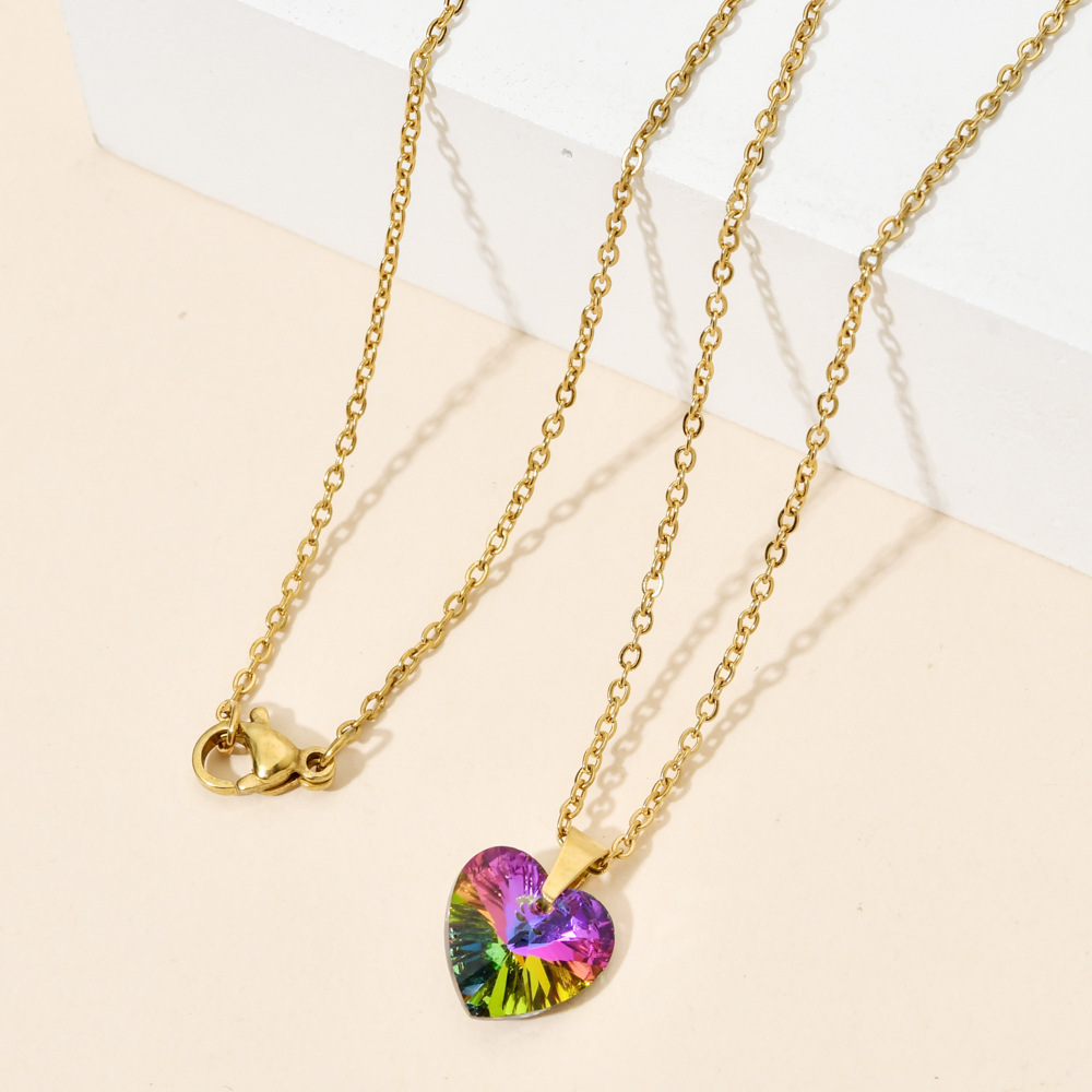 Women'S Gender Elegant Lady Heart Shape Stainless Steel Glass Plating Pendant Necklace