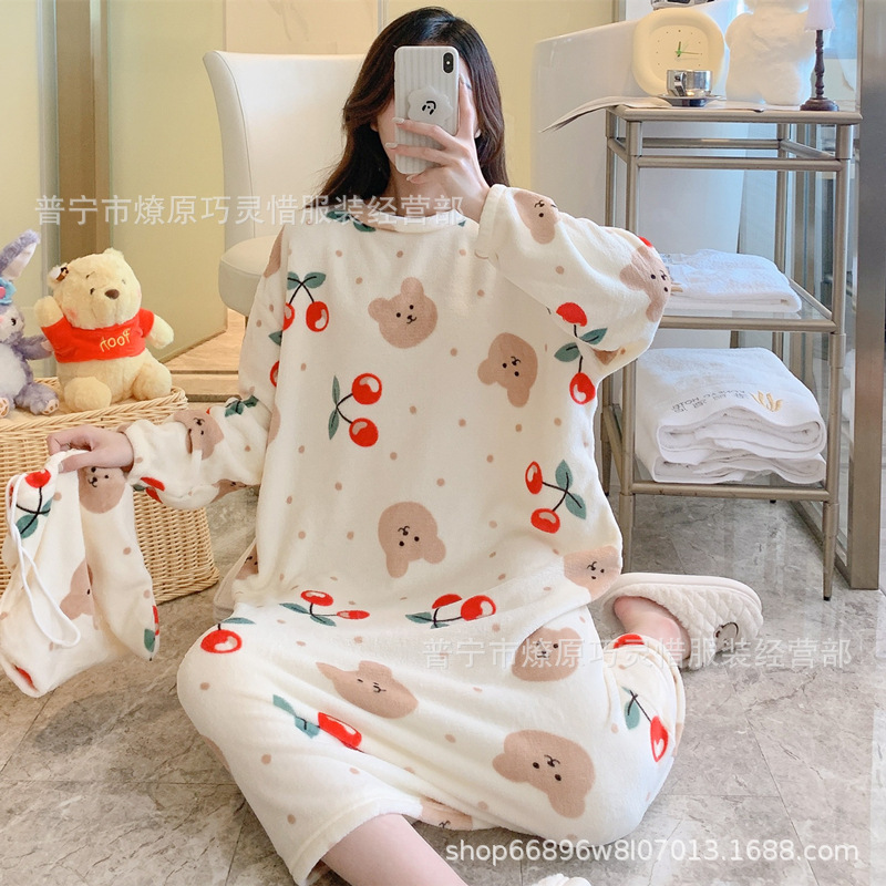 Pijamas de mujeres otoño invierno de franela lindo dibujo animado 2024 nuevo coral de lana gruesa falda cálida ropa para el hogar