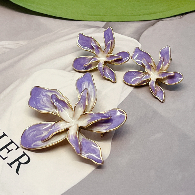 New Niche Design Sense Art Enamel Painted Flower Brooch 925 Silver Pin Earrings Qingdao Jewelry Women