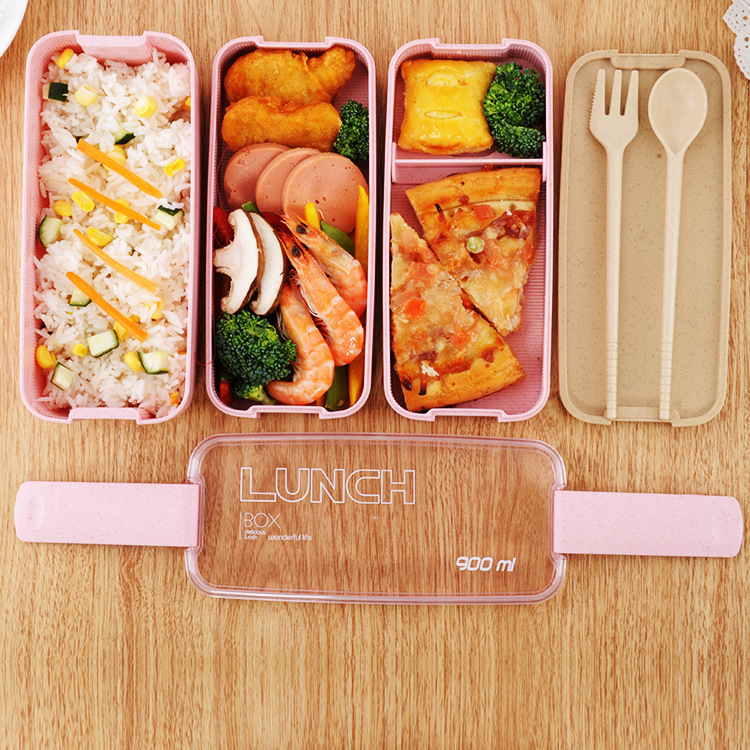 クリエイティブ小麦わら弁当箱オフィスポータブル三層弁当箱学生シール分格角弁当箱|undefined