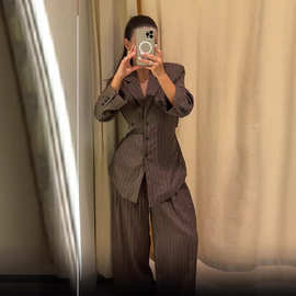 速卖通2025秋季新款女装条纹修身单排扣西装长裤宽松时尚休闲套装