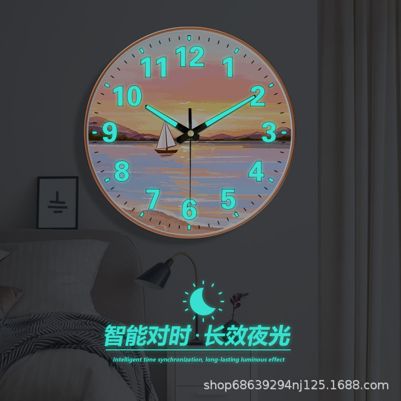[10-Inch 25cm] Light Luxury Clock Living Room Wall Clock Modern Popular Creative Landscape Wall Clock Luminous Clock