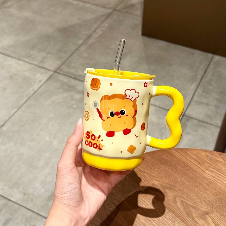 Inswind encantador toast taza de paja con tapa de cerámica taza de oficina de niñas taza de agua taza de alto valor facial taza
