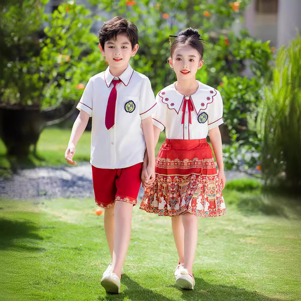 소녀를위한 말 얼굴 스커트 2024 세트 새로운 여름 고급 어린이 한푸 국가 스타일 공연 의류 학교 초등 및 중등 학생을위한 유니폼