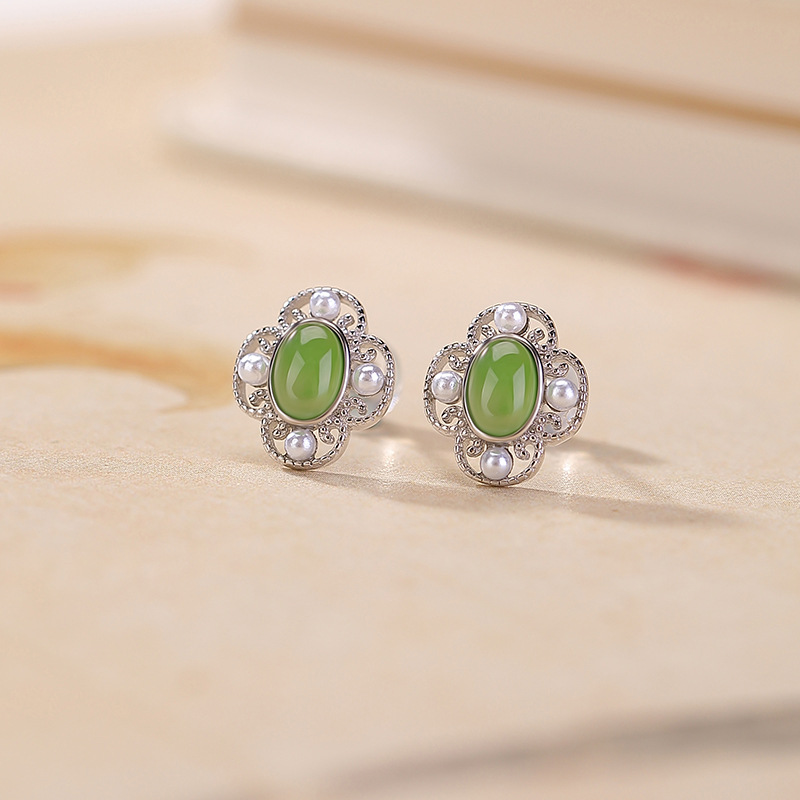 Khuyên tai bạc S925 đính ngọc bích hình tứ phương như ý — Cặp đôi