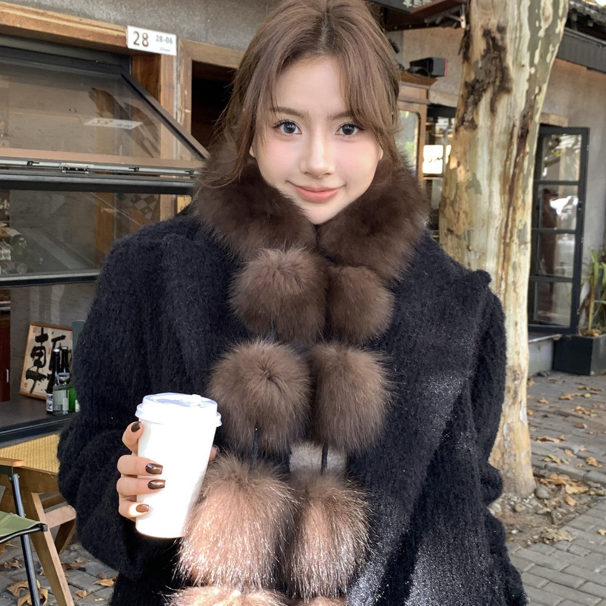 New faux fox fur scarf for women, warm and stylish for winter, versatile with a fur collar, neck protector, and fluffy pom-pom design