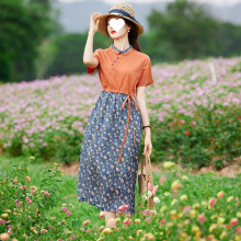 外贸出口日本尾单剪标棉麻连衣裙女夏季气质收腰显瘦拼接碎花裙子