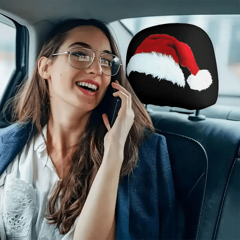 Car headrest cover with Christmas hat print, universal soft and breathable pillowcase for the car, can be customized with labels and made according to provided images