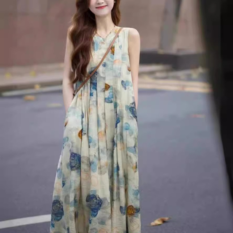 Ink Painting Style National Style Dress 2026 New Model Women's Spring and Autumn Camisole Dress Worn with Denim Jacket and Long Skirt