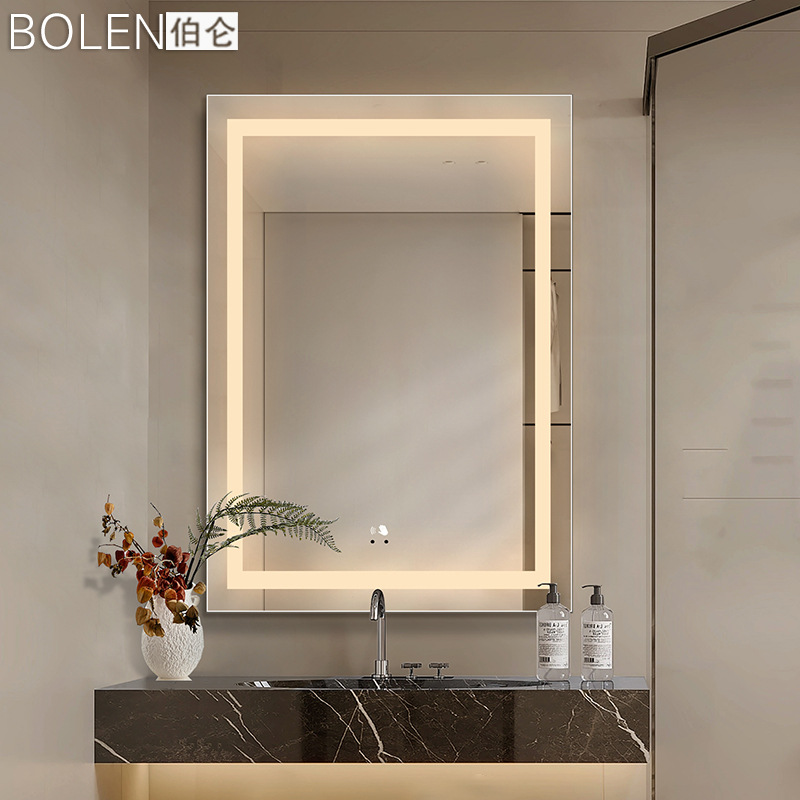 BOLLEN de lujo con caja trasera baño inteligente con pantalla táctil emisora de luz espejo cosmético de habitación de hotel montado en la pared
