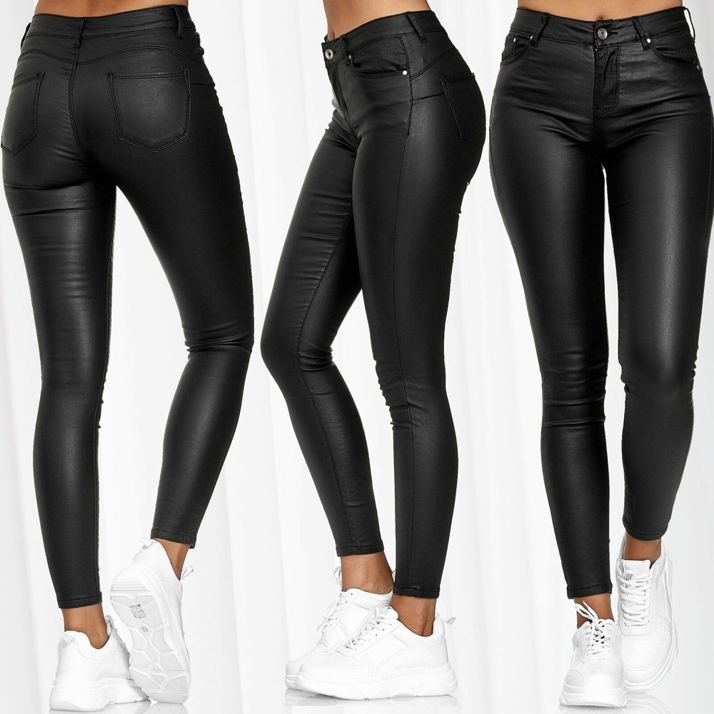 Cross-Border European and American Amazon Wish High-Waisted Pure Color Leather Casual Pants Small-Leg Pants Export Pu Leather Pants Pants Women's Clothing
