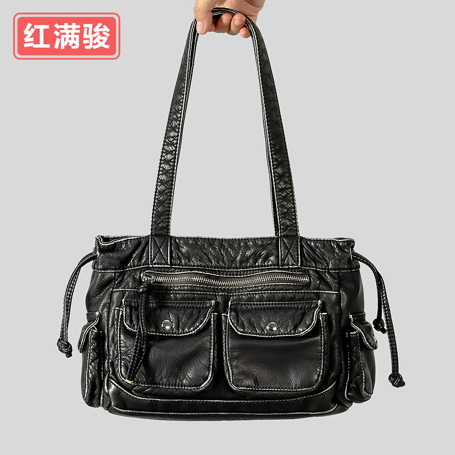 Retro post-apocalyptic style underarm bag punk soft PU single-shoulder bag for women, niche design drawstring closure motorcycle bag Y2K