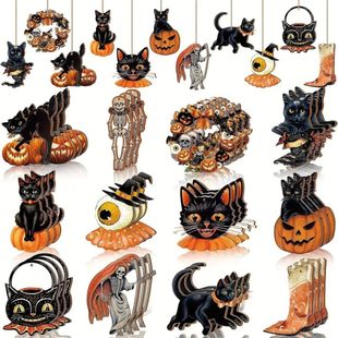 Cross-Border New Product Retro Halloween Black Cat Skull Wooden Ornaments Halloween Tree Hangings Party Home Decoration