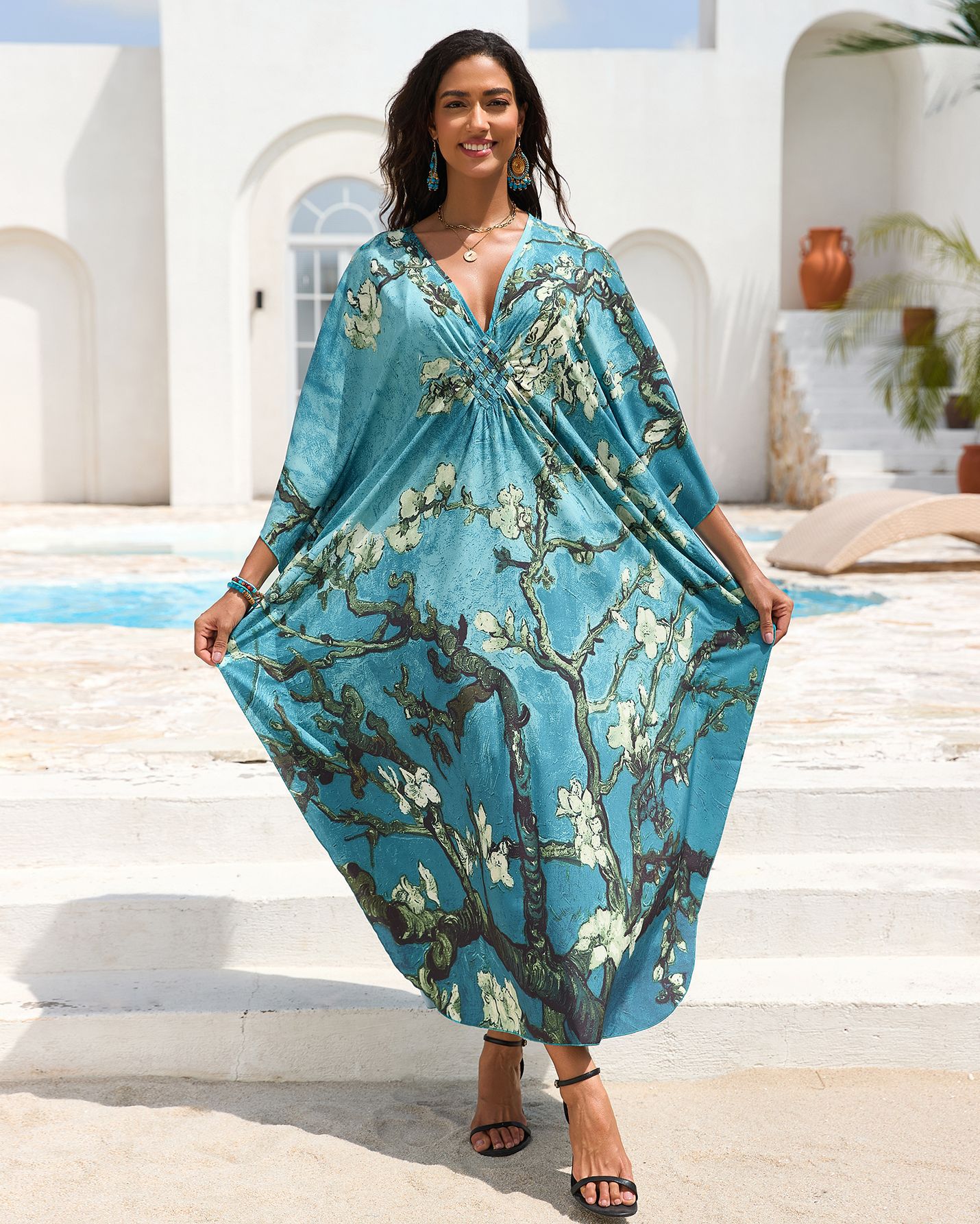 Nuevo posicionamiento de Europa y América impresa playa blusa tejida a mano V-collar vestido de vacaciones vestido largo 31 colores