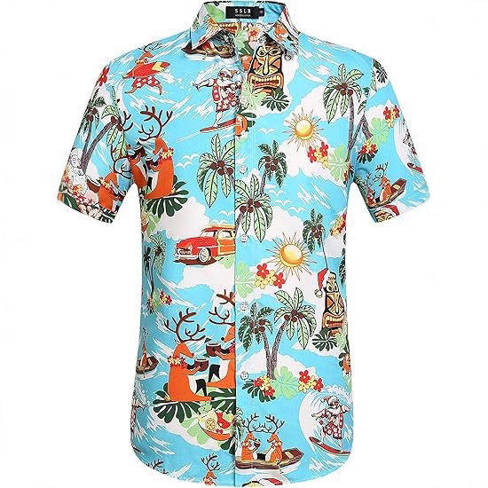 Cross-border European and American Hawaiian Vacation Print Shirt Casual Loose Santa Party Shirt Tropical Ugly Cross-border European and American Hawaiian Vacation Print Shirt Casual Loose Santa Party Shirt Tropical Ugly