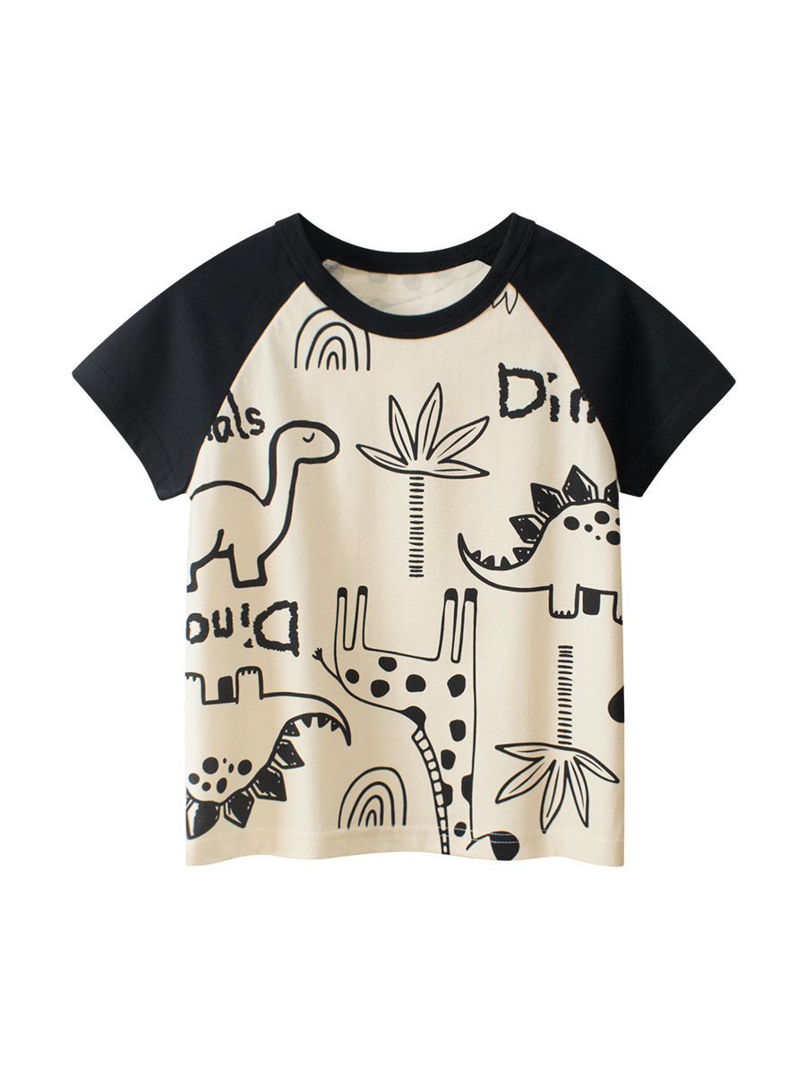 27kids ropa para niños manga corta para niños 2025 verano nueva camiseta de miedo de dibujos animados para niños top raglán fuente de Douyin