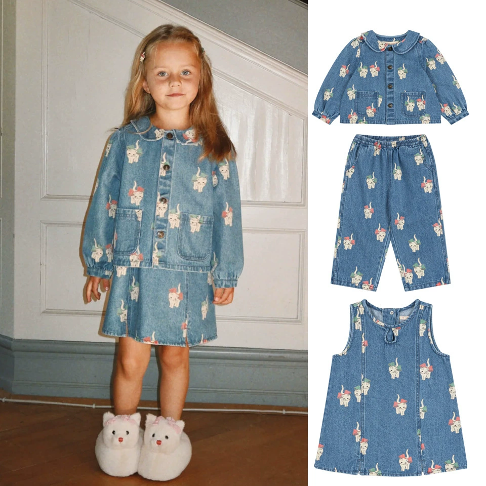 现货26春新款童装ks同款满印小猫牛仔系列长袖外套无袖背心裙长裤