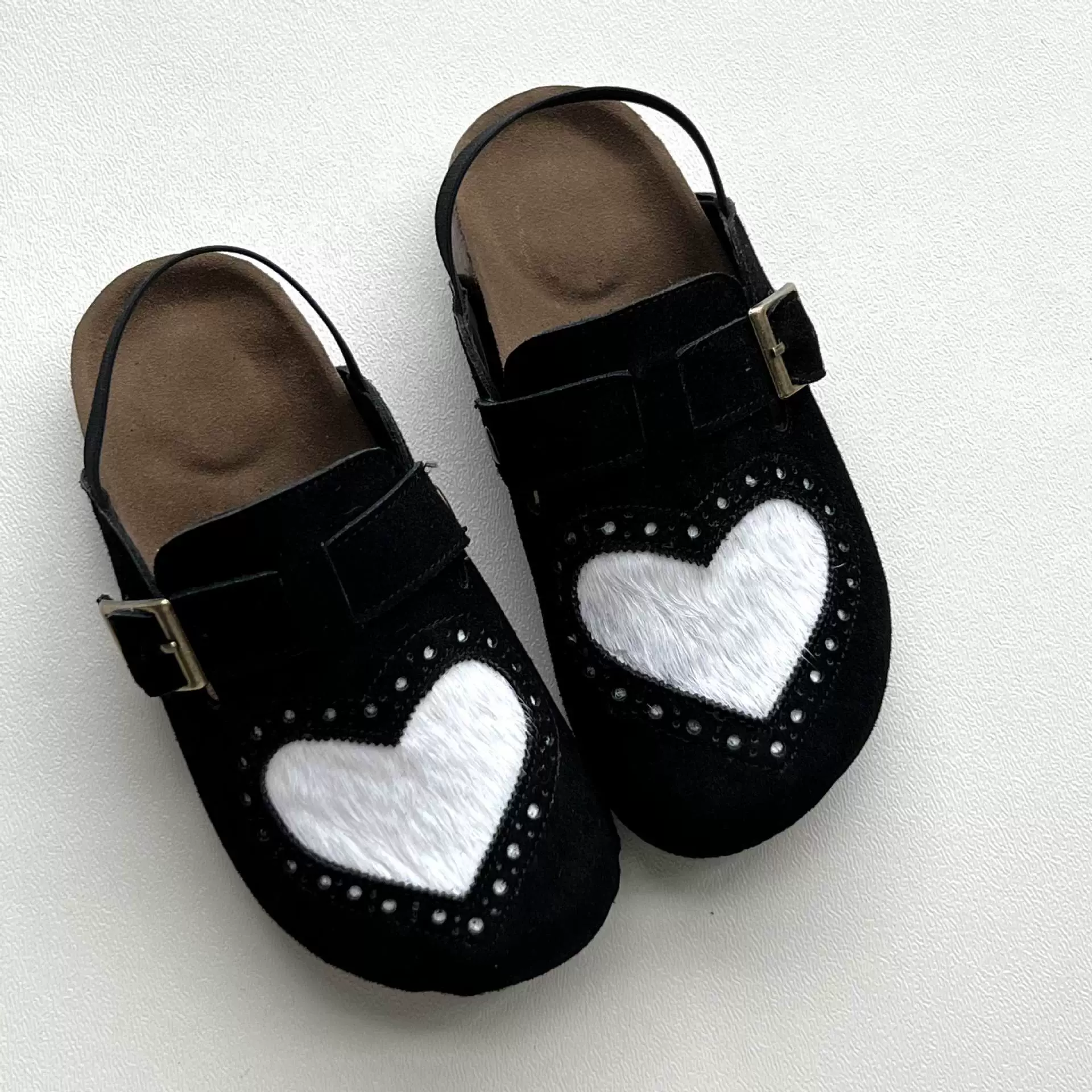 Туфли Birkenstock LittleSummer, 25 лет, черно-белые, из конского волоса и воловьей кожи, с эластичной спинкой, на флисовой подкладке, с сердечком