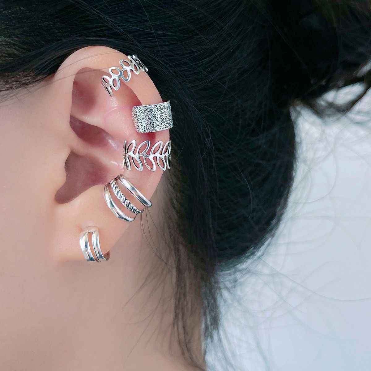 B309跨境创意简约无耳洞耳骨夹5件套个性叶子镂空多层耳饰C型耳夹