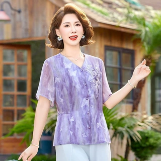 中年妈妈夏装短袖衬衫中老年女50多岁端庄大气雪纺小衫上衣服衬衣