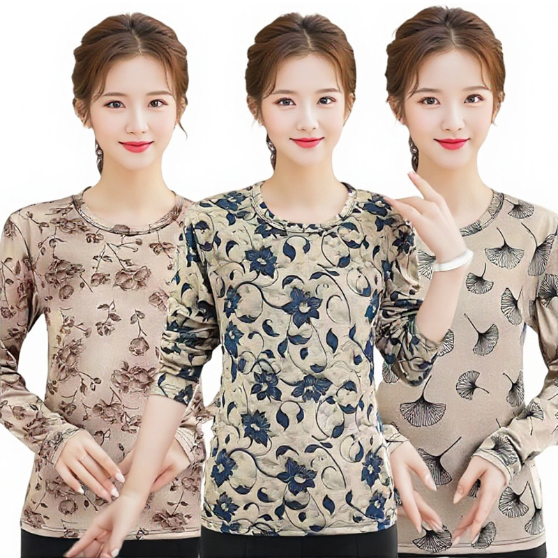 Skin-Friendly Cotton Round Neck T-Shirt for Women, Middle-Aged and Elderly, Long-Sleeved, 2026 Spring Fashion Versatile Japanese and Korean Casual Pullover Printed T-Shirt