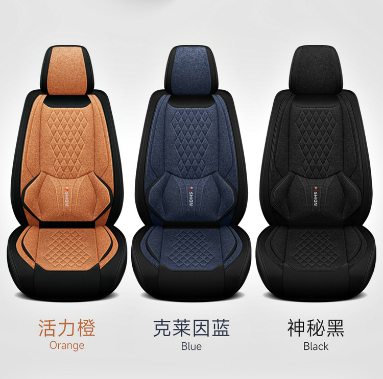L5U Fully Enclosed Breathable Seat Cushion Cover Linen Fabric Car Seat Cover Full Set for Five Seats in the Car All-Season Car Seat Cushion