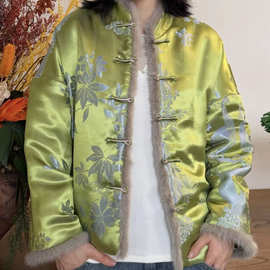 秋冬真丝老缎棉袄国风新中式南油贵气水貂毛盘扣丝滑棉衣工厂批发