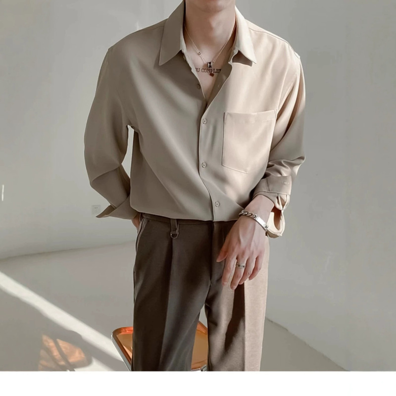 Men's long-sleeve shirt with drape effect, single pocket, loose fit, mature business casual, versatile, high-end, stylish and handsome cardigan top Men's long-sleeve shirt with drape effect, single pocket, loose fit, mature business casual, versatile, high-end, stylish and handsome cardigan top