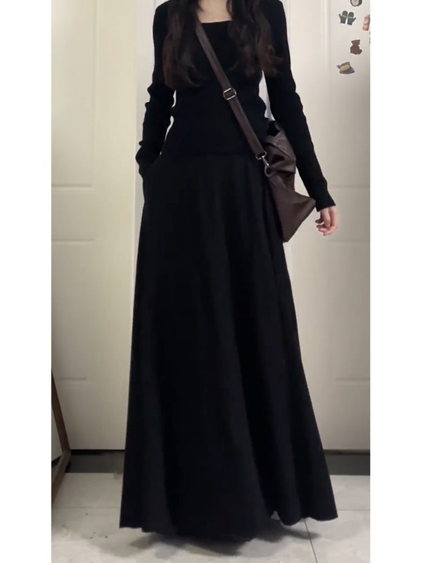 黑色半身裙女秋季高级感长裙到脚踝大码a字百褶胖mm遮肚藏肉裙子|undefined