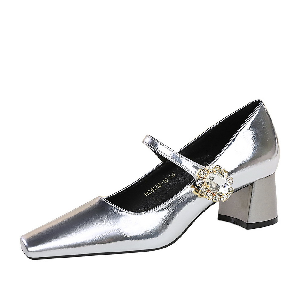 5288-K86 Retro style Banquet Women's Shoes with Medium Heel, Thick Heel, Shallow Mouth, Square Head, Water Diamond Buckle, One Word Strap, Single Shoe for Women