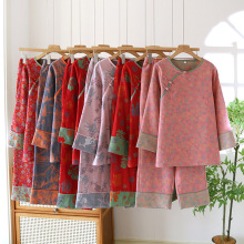 全棉色织提花国风长袖长裤睡衣女四季薄款圆领套头家居服套可外穿