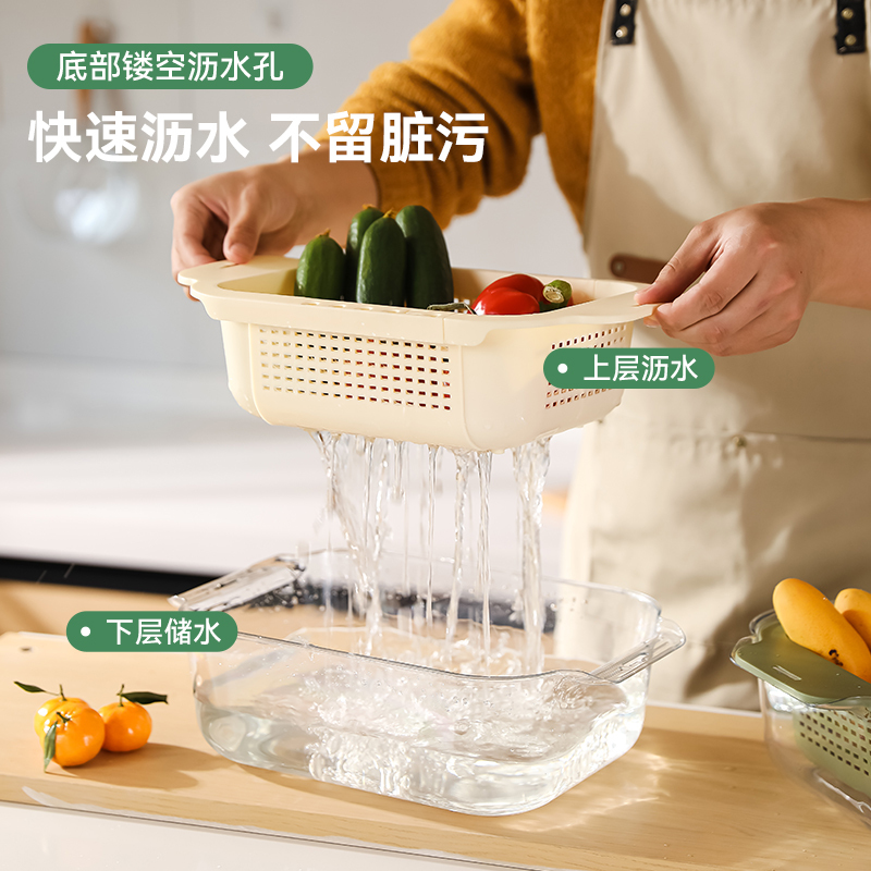 洗菜盆沥水篮可伸缩双层洗菜篮厨房洗水果蔬菜水槽家用塑料滤水篮|undefined