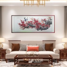 纯手绘喜上眉梢壁画梅花图客厅沙发背景墙挂画实木花鸟画新中式