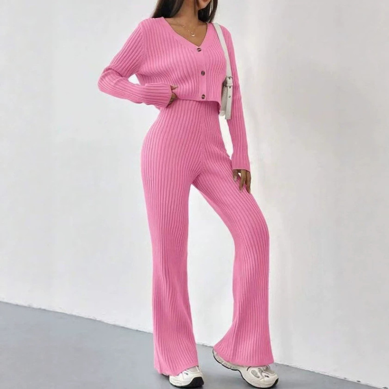 Cross-Border Autumn and Winter High-End Women's Sweater Fashion Wide-Leg Pants V-Neck Short Casual Knit Cardigan Two-Piece Set Cross-Border Autumn and Winter High-End Women's Sweater Fashion Wide-Leg Pants V-Neck Short Casual Knit Cardigan Two-Piece Set