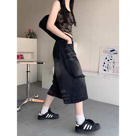 黑色破洞牛仔七分裤女2025夏季中裤辣妹高腰直筒阔腿裤休闲短裤子