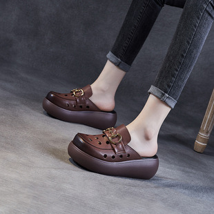 Covered Toe Half Slippers Women's Summer Fashion Outer Wear 2023 New Hollow Hole Shoes Genuine Leather Platform Height Increasing Sandals