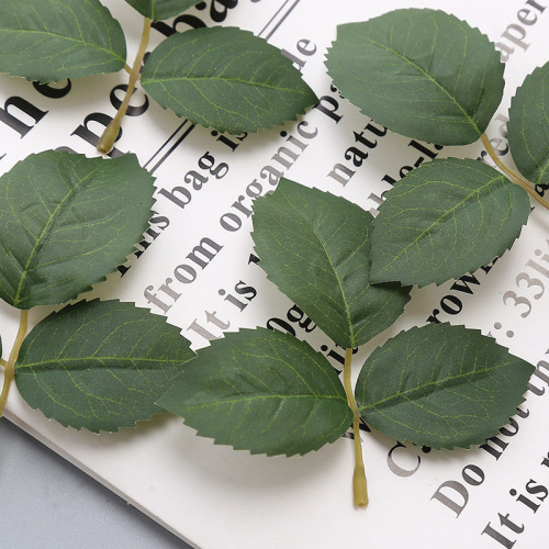 High-end simulated dark green rose leaves thickened silk screen three-pronged rose fake leaves decorative flower arrangement accessories