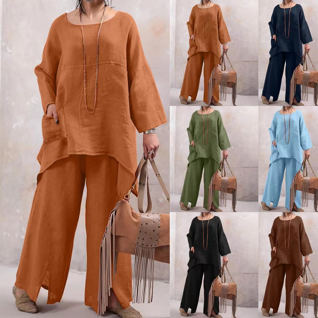 Cross-border European and American fashion suit women's spring and autumn new long-sleeved round neck women's clothing Amazon cross-border casual two-piece set for women