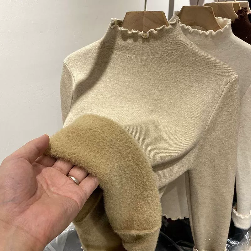 Однотонная утолщенная трикотажная нижняя рубашка с деревянными ушками на флисовой подкладке, Женская осень и зима, новая стильная внутренняя одежда, цельная бархатная рубашка с длинным рукавом, модная