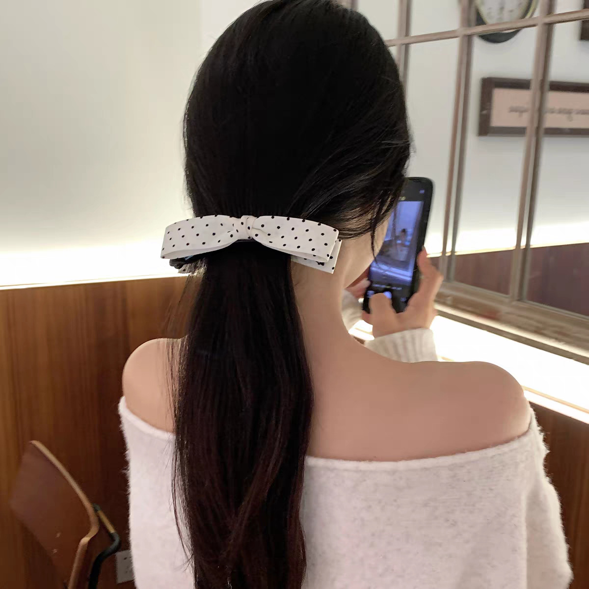 49# white polka dot bow banana clip-10cm