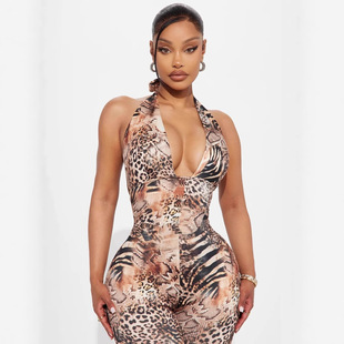 2025 European and American Cross-Border Summer New Wild and Elegant Deep V Contrast Color Halterneck Lace-Up Backless Leopard Print Jumpsuit