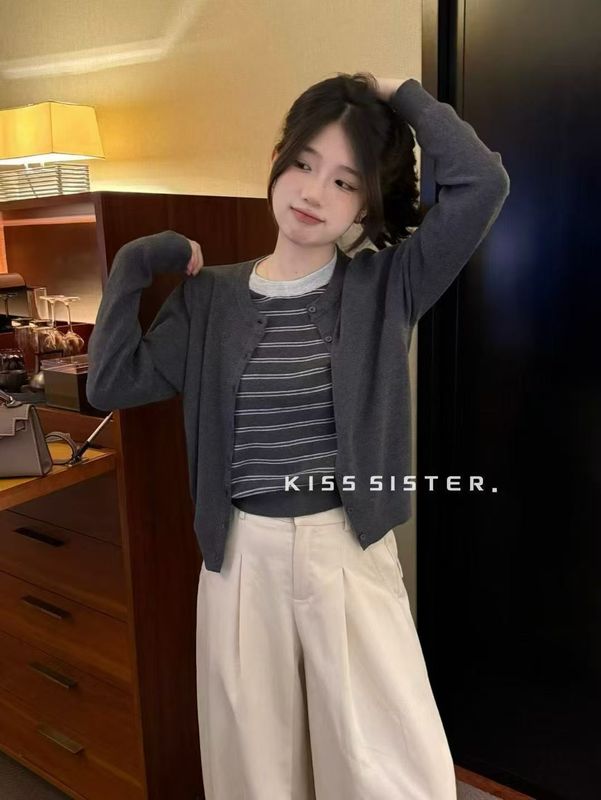 韩版圆领假两件条纹针织开衫女上衣设计感小众小个子加厚毛衣外穿|undefined
