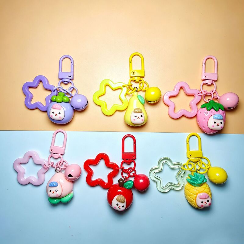 Colorful Three-Dimensional Fruit Doll Keychain with Five-Pointed Star Bell Pendant, Creative and Cute Bag Decoration