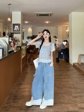 kumikumi甜美套装女短袖微透T恤叠穿蝴蝶结背心夏季牛仔裤三件套