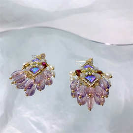 新款复古手工粉色水晶流苏炫彩紫色气质仙人间富贵珍珠甜美耳钉