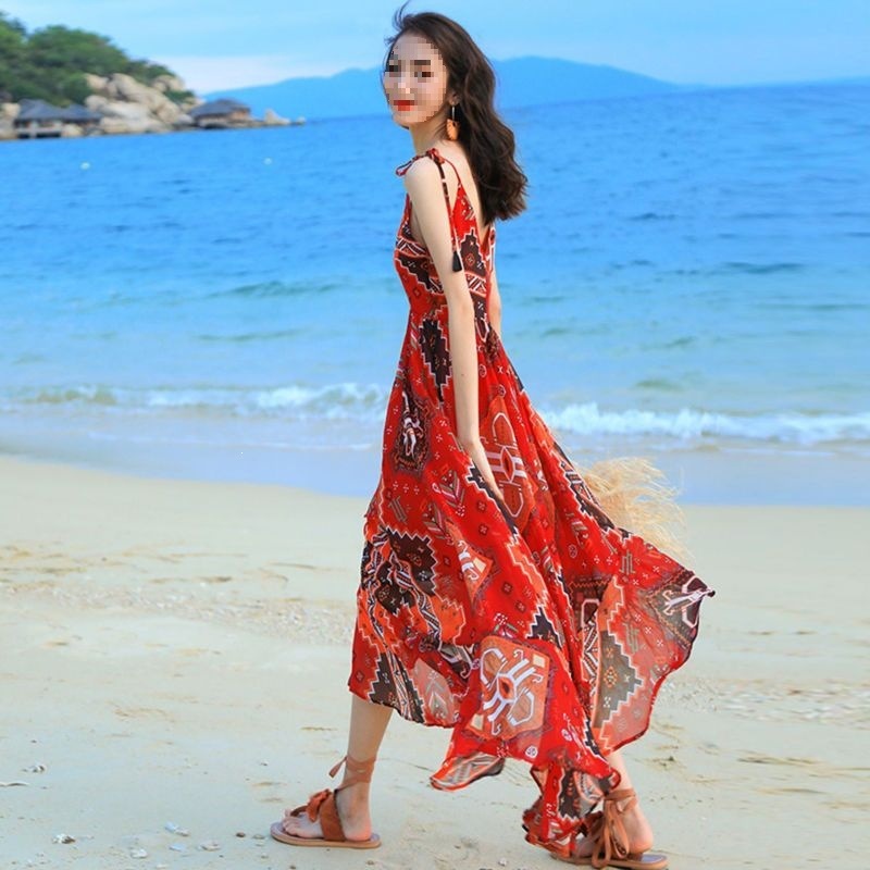 Đầm maxi voan treo nữ phong cách Bohemian dài chấm gót — màu đỏ chi tiết 1