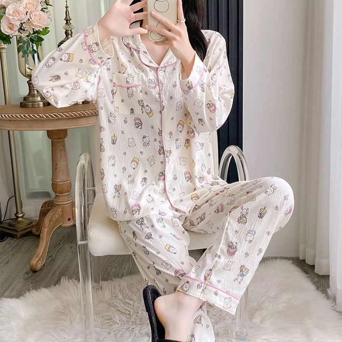 Al por mayor transfronterizo otoño nuevo pijama de algodón nublado, cardigan de manga larga, pantalones largos de dos piezas, ropa para el hogar se puede usar fuera