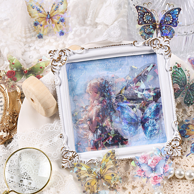 Danza de mariposa aire láser transparente pegatinas impermeables para mascotas bolsas DIY cuentas de mano diarios materiales decorativos pegatinas de mariposa retro