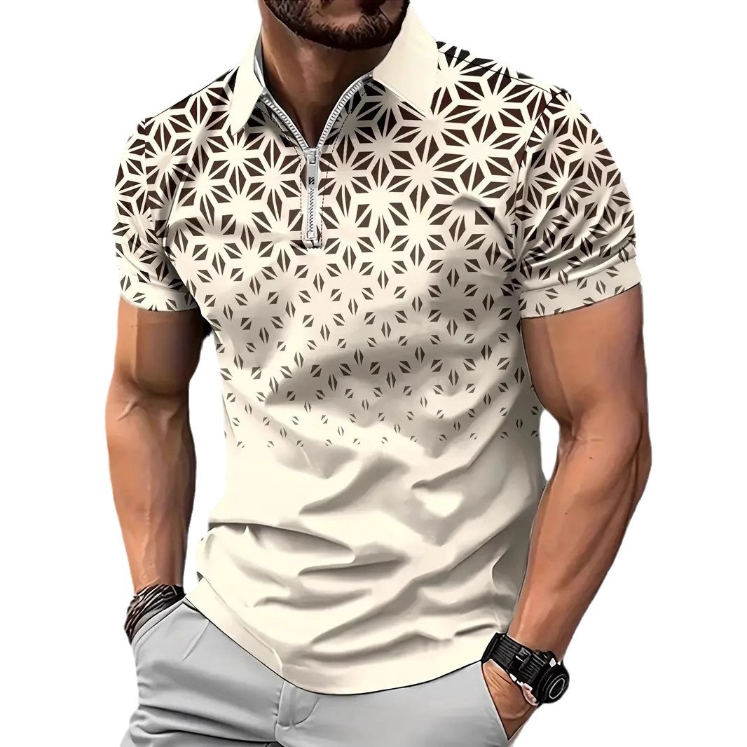 Camisa POLO con cremallera suelta transpirable de malla de negocios de la calle de verano para hombres, impresión digital 3D geométrica simple